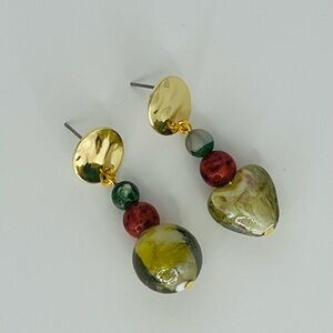 Murano Glass Bead and Gold Tone Earrings - One Round, One Heart